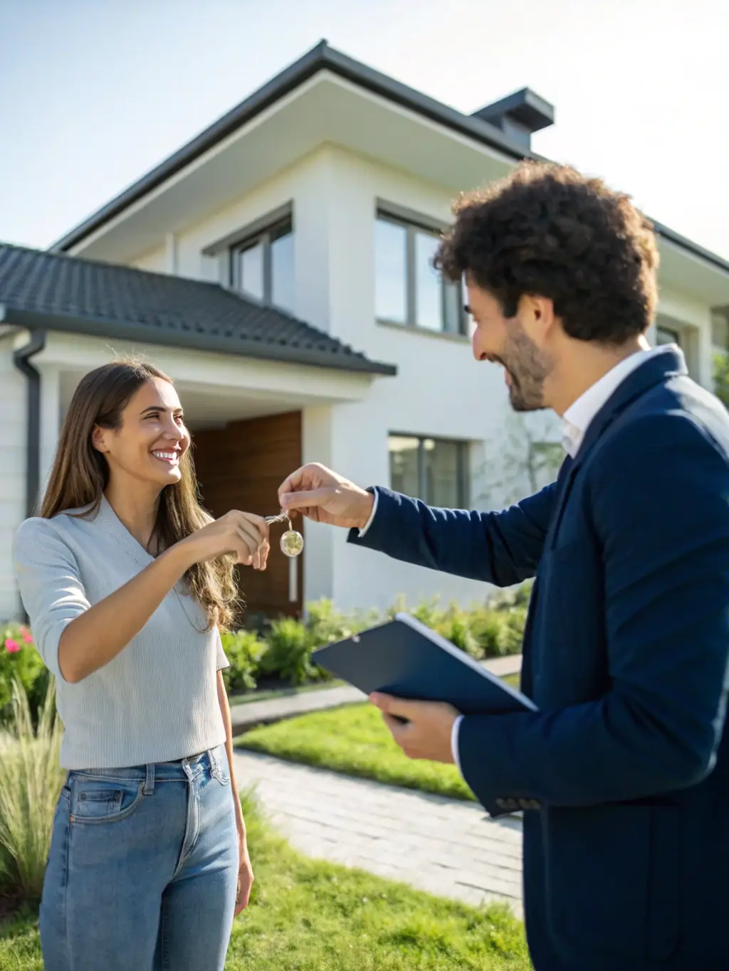 A well-dressed real estate agent handing over keys to a smiling client in front of a modern villa in Dubai.