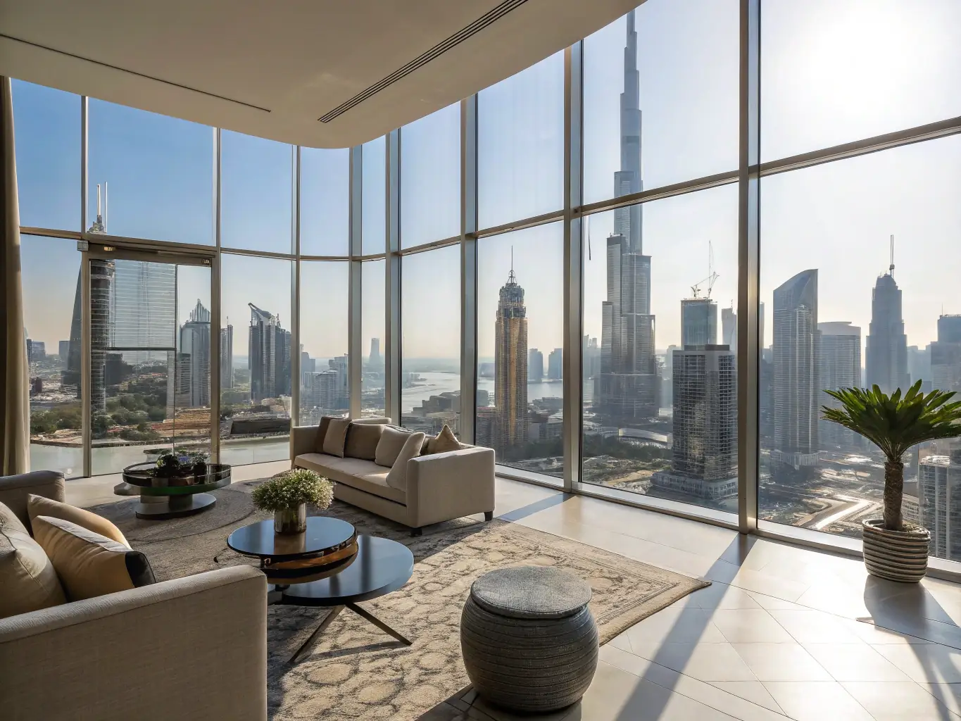 A modern, luxurious apartment in Downtown Dubai with floor-to-ceiling windows offering stunning city views, photographed during the day to highlight the natural light and spaciousness.