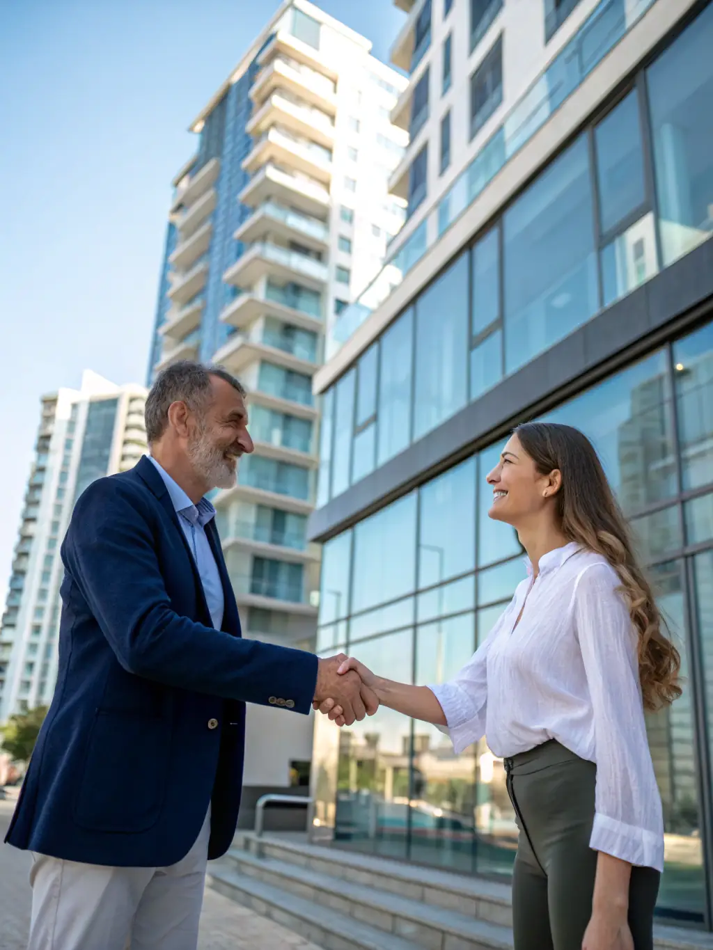A landlord shaking hands with a tenant in a modern Dubai apartment, symbolizing successful property management.