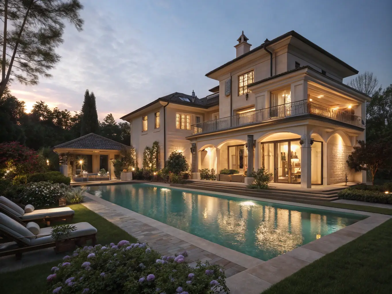A high-resolution image of a modern luxury villa with a pool overlooking the Dubai skyline, representing luxury property buying services.