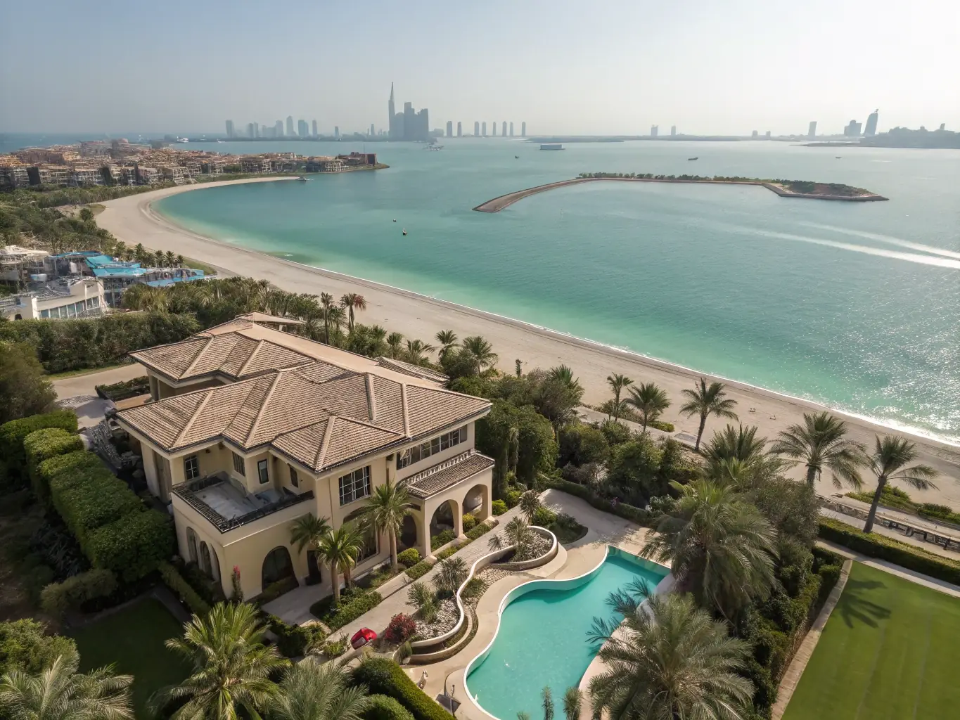 A luxurious villa on Palm Jumeirah with a private pool and beach access, photographed at sunset to capture the golden light reflecting on the water and the villa's elegant architecture.