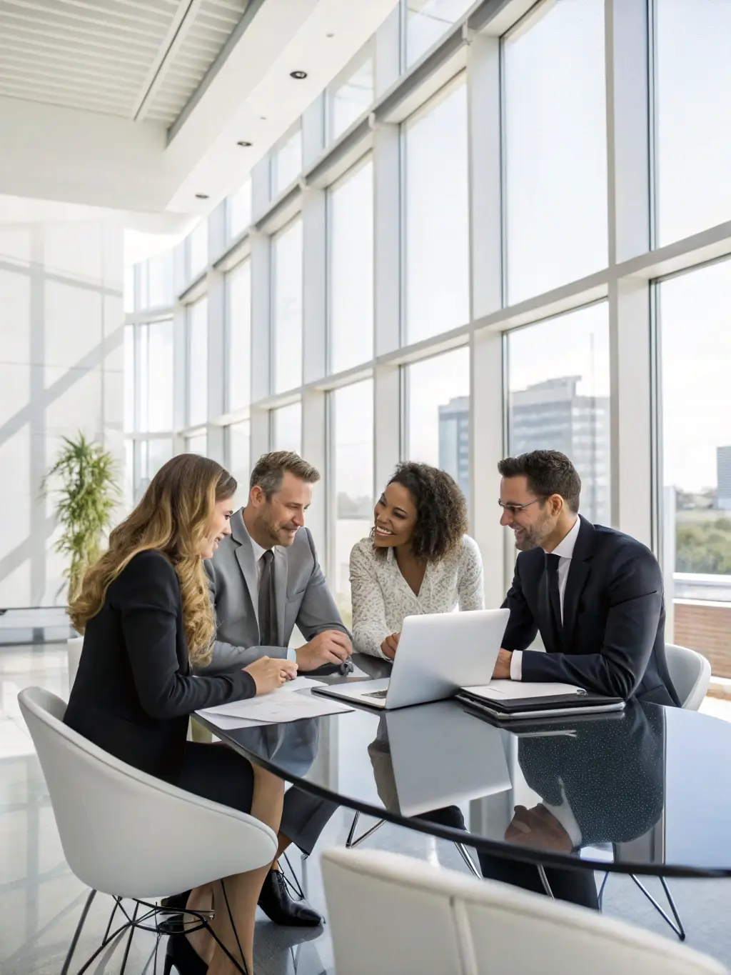 A group of investors reviewing property documents in a modern office setting, highlighting Colmax Real Estate's expertise in investment properties.
